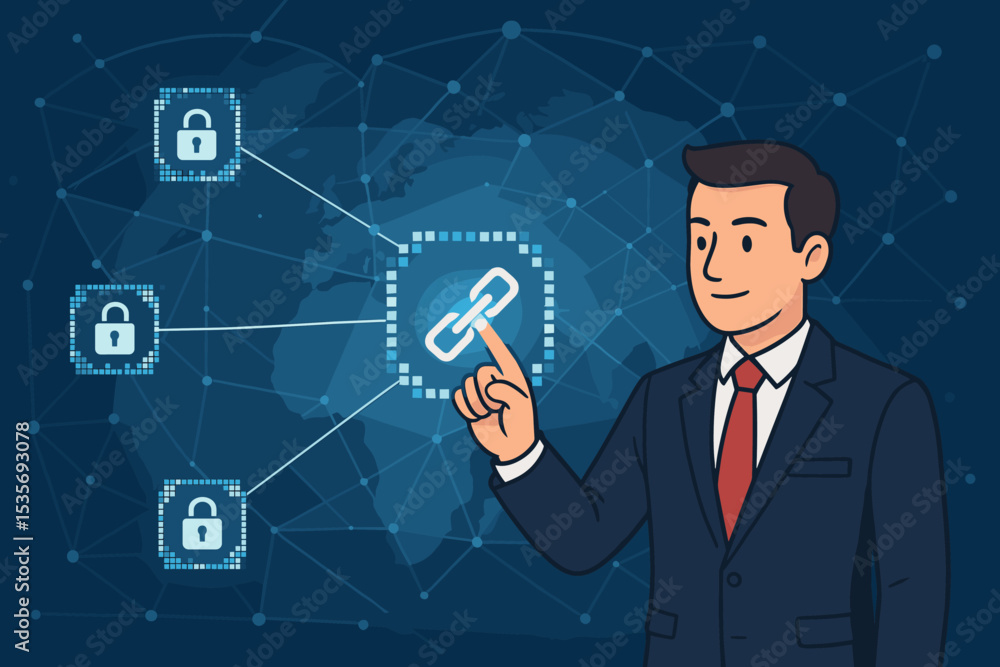 Businessman interacting with blockchain technology interface. Digital network security concept with chain links and padlocks. Global fintech, cryptocurrency and data connection vector. Businessman interacting with blockchain technology interface. Digital network security concept with chain links and padlocks. Global fintech, cryptocurrency and data connection vector.