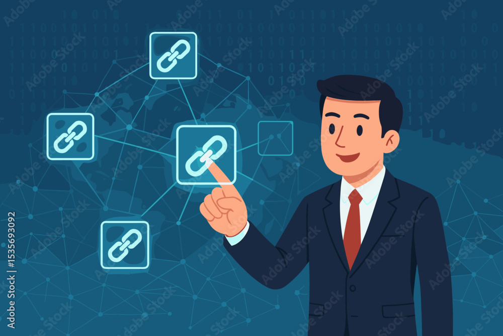 Businessman touching chain link icon on a futuristic screen. Blockchain technology concept, cryptocurrency, fintech, decentralized network, secure data transaction, global business. Businessman touching chain link icon on a futuristic screen. Blockchain technology concept, cryptocurrency, fintech, decentralized network, secure data transaction, global business.