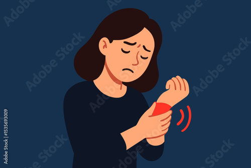 Woman suffering from wrist pain, holding her painful arm. Concept illustration for carpal tunnel syndrome, arthritis, tendinitis, sprain, or repetitive strain injury. Medical problem.