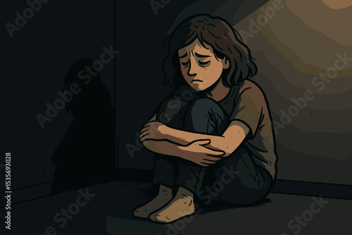 Sad depressed girl sitting alone on the floor in a dark corner. Mental health concept illustration for psychology, anxiety, loneliness, sorrow, abuse, trauma and despair. Vector.