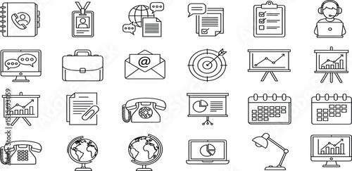 Business and Office Vector Icon Set – Contacts Book, ID Card, Checklist, Laptop, Briefcase, Email, Target, Presentation, Calendar, Phone, Pie Chart, Globe, Computer, Lamp.