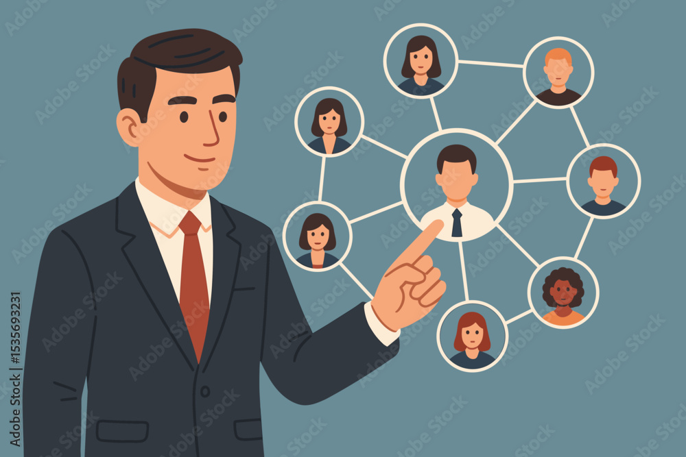 Human resources manager building a team. Businessman pointing to organizational chart of employees. Concept of recruitment, hiring, social network, and talent acquisition. Human resources manager building a team. Businessman pointing to organizational chart of employees. Concept of recruitment, hiring, social network, and talent acquisition.