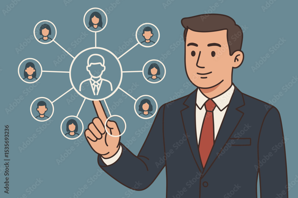 Businessman pointing at a human resources network diagram. HR manager choosing a candidate for a job. Concept for talent acquisition, recruitment, and team management. Corporate organization. Businessman pointing at a human resources network diagram. HR manager choosing a candidate for a job. Concept for talent acquisition, recruitment, and team management. Corporate organization.