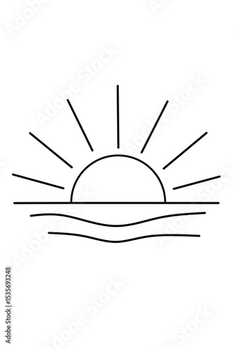A minimalist black and white line drawing of a sun rising or setting over water, with radiating lines for light and gentle waves below the horizon.
