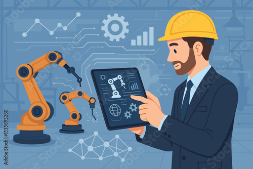Engineer with tablet controlling robotic arms in a smart factory. Concept of Industry 4.0, automation, artificial intelligence, and industrial innovation for manufacturing process.