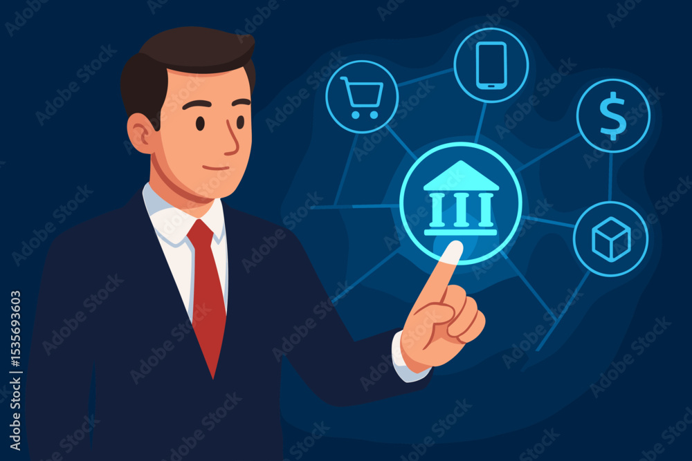 Businessman using a futuristic virtual interface for digital banking services. Fintech concept with icons for online payment, e-commerce, mobile apps, and investment management. Businessman using a futuristic virtual interface for digital banking services. Fintech concept with icons for online payment, e-commerce, mobile apps, and investment management.