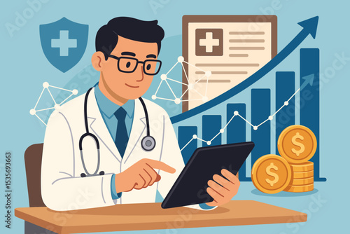 Doctor analyzing healthcare business data on a tablet. Concept of medical finance, clinic management, and investment growth. Health insurance costs and market statistics chart.