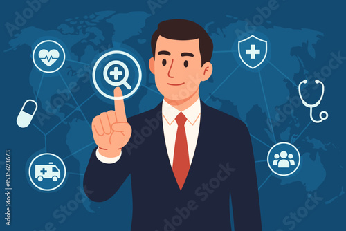Digital healthcare and global medicine technology concept. Businessman touching a futuristic virtual screen with medical icons. Telemedicine, health insurance, and online doctor search.