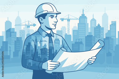 Architect engineer in a hard hat holding a blueprint, envisioning a city project. Double exposure concept with cityscape, skyscrapers, and construction cranes. Urban development.