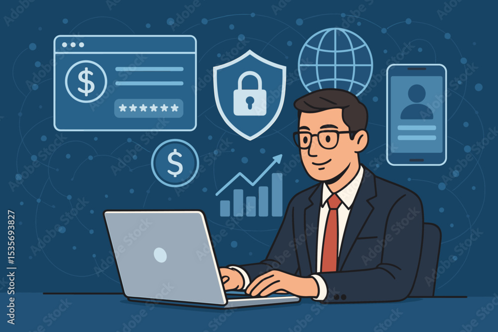 Digital banking security concept. Businessman at laptop managing online finance and investments. Secure transaction, password protection, cybersecurity shield. Fintech vector illustration. Digital banking security concept. Businessman at laptop managing online finance and investments. Secure transaction, password protection, cybersecurity shield. Fintech vector illustration.