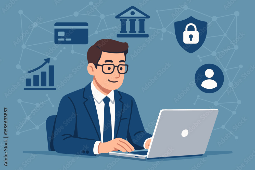 Businessman working on laptop with digital banking and fintech icons. Concept of secure online payment, financial technology, investment growth, and cybersecurity. Vector illustration. Businessman working on laptop with digital banking and fintech icons. Concept of secure online payment, financial technology, investment growth, and cybersecurity. Vector illustration.