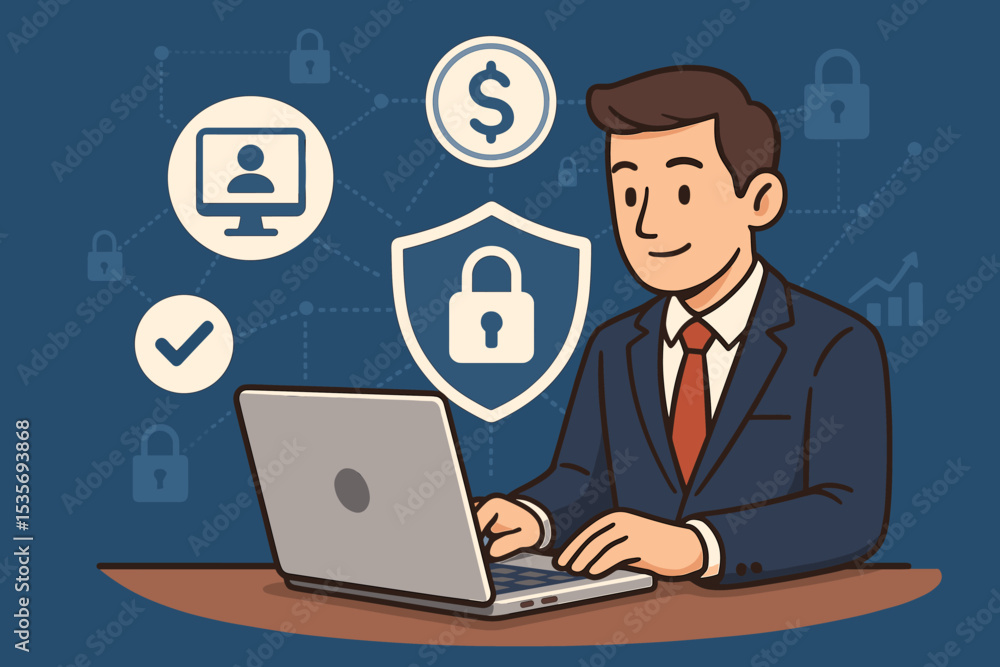 Fintech security concept. Businessman using laptop for secure digital banking. Online payment safety, data protection, and financial technology with cybersecurity shield and lock icons. Fintech security concept. Businessman using laptop for secure digital banking. Online payment safety, data protection, and financial technology with cybersecurity shield and lock icons.