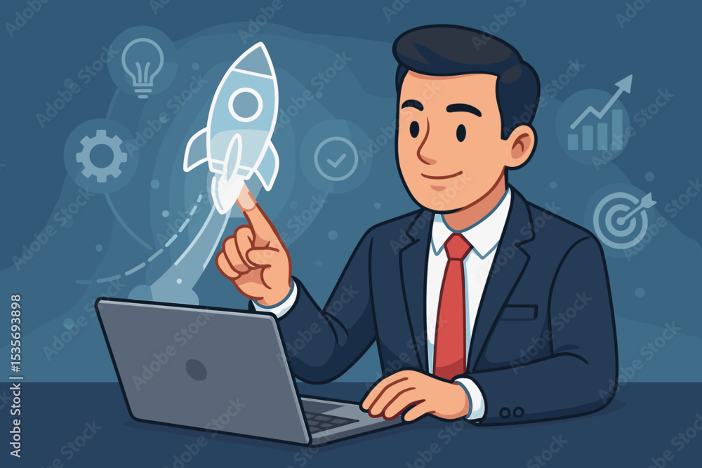 Businessman launching a digital startup project with a rocket icon. Concept of business success, innovation, and growth. Entrepreneur at laptop with holographic interface. Strategy. Businessman launching a digital startup project with a rocket icon. Concept of business success, innovation, and growth. Entrepreneur at laptop with holographic interface. Strategy.