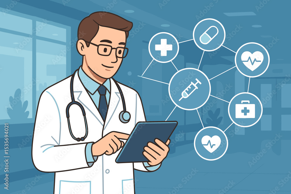 Doctor using tablet for digital healthcare integration. Male physician in hospital with technology, telemedicine app and medical icons. Online consultation, EMR, health tech innovation. Doctor using tablet for digital healthcare integration. Male physician in hospital with technology, telemedicine app and medical icons. Online consultation, EMR, health tech innovation.