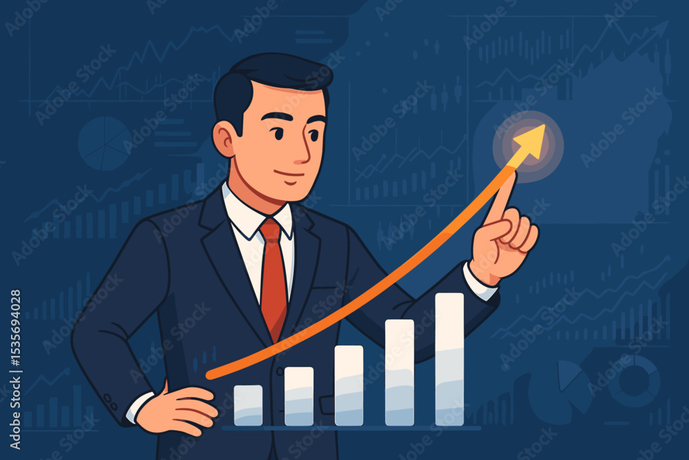Businessman pointing at a growth chart. Concept of business success, financial analysis, and investment strategy. Stock market uptrend arrow shows profit increase. Vector illustration. Businessman pointing at a growth chart. Concept of business success, financial analysis, and investment strategy. Stock market uptrend arrow shows profit increase. Vector illustration.