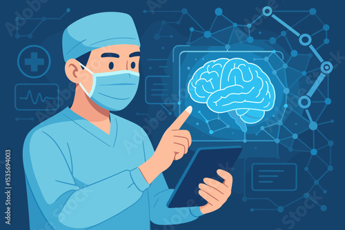 Doctor analyzes human brain on futuristic digital interface. Neurologist with tablet examines holographic scan. Concept for medical technology, neuroscience, AI diagnostics, healthcare.