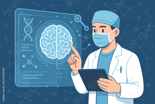 Doctor analyzing human brain on a futuristic digital screen. Medical technology concept with DNA helix. Neurology research, healthcare innovation, and genetic science vector illustration.