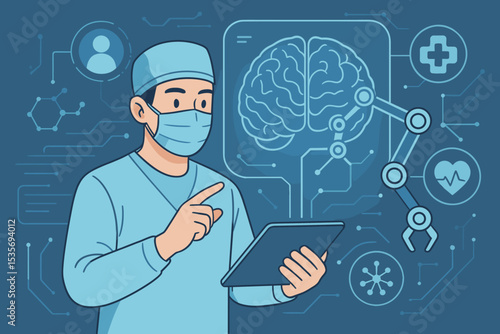 Doctor using tablet with futuristic AI interface for medical innovation. Surgeon controls robotic arm and analyzes brain scan. Concept for neurotechnology, healthcare technology.