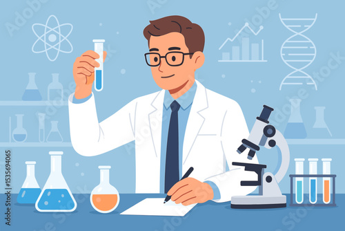 Scientist in laboratory conducting medical research. Male researcher in white coat holding test tube, writing report. Healthcare innovation, biotechnology, and scientific experiment.