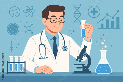 Scientist conducting medical research in a laboratory. Male doctor character with microscope, test tube, flask. Concept for healthcare, biology, chemistry, DNA analysis. Vector illustration.