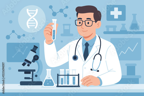Scientist doctor in laboratory conducting medical research. Male researcher in lab coat with microscope and test tube. Concept for science, biotechnology, chemistry, and genetics.