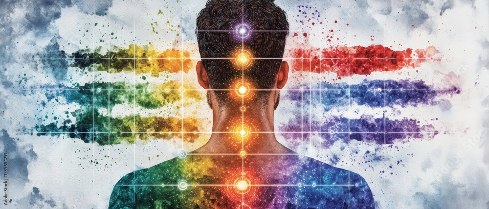 Long exposure artistic representation of human silhouette with colorful chakra points aligned vertically on back Long exposure artistic representation of human silhouette with colorful chakra points aligned vertically on back