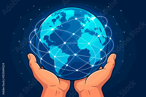 Hands holding planet Earth with glowing global network. Concept of communication, internet, globalization, and social media. Future technology vector illustration of worldwide connection.