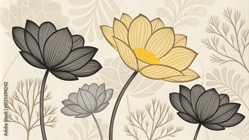 Abstract Beige Floral Composition Line Art Lotus Flowers, Neutral Palette, Botanical Design Floral illustration, line art