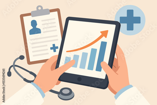 Doctor analyzing healthcare business growth on a tablet. Medical industry finance report with chart and statistics. Concept for hospital management, clinic success and health data.