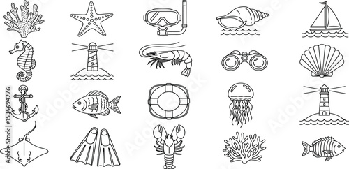 Marine Life Vector Icon Set Adjustable Line Weight Fish, coral, shell, starfish, jellyfish, lighthouse, anchor, seahorse, crab, snorkeling, underwater, diving, ocean icons
