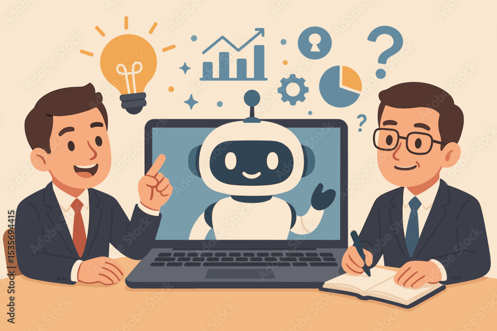 Businessmen use AI chatbot for innovation and data analysis. Concept of teamwork, strategy, and problem-solving with virtual assistant technology. Artificial intelligence for growth. Businessmen use AI chatbot for innovation and data analysis. Concept of teamwork, strategy, and problem-solving with virtual assistant technology. Artificial intelligence for growth.