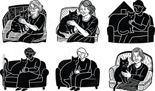 Women and their black cats relaxing on chairs