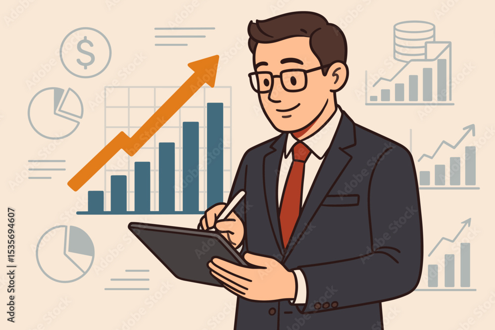 Businessman analyzing financial data on a tablet. Concept for business growth, investment strategy, market analysis, and success. Vector illustration with charts, graphs, and statistics. Businessman analyzing financial data on a tablet. Concept for business growth, investment strategy, market analysis, and success. Vector illustration with charts, graphs, and statistics.