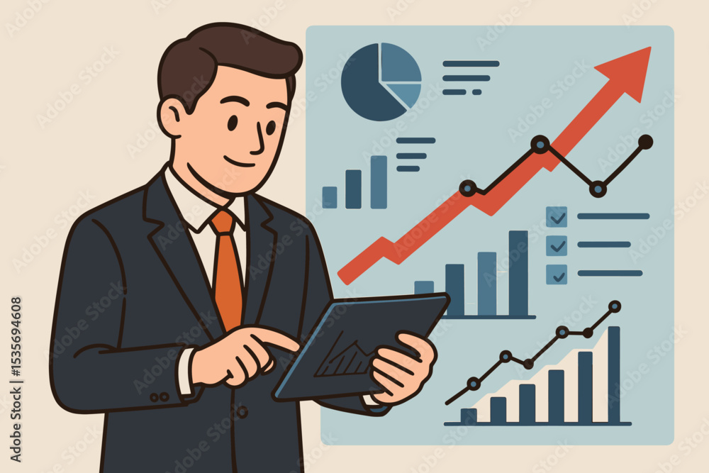 Businessman analyzing business growth on a tablet. Financial data report with graphs and charts. Concept of success, strategy, marketing, and investment. Vector illustration. Businessman analyzing business growth on a tablet. Financial data report with graphs and charts. Concept of success, strategy, marketing, and investment. Vector illustration.