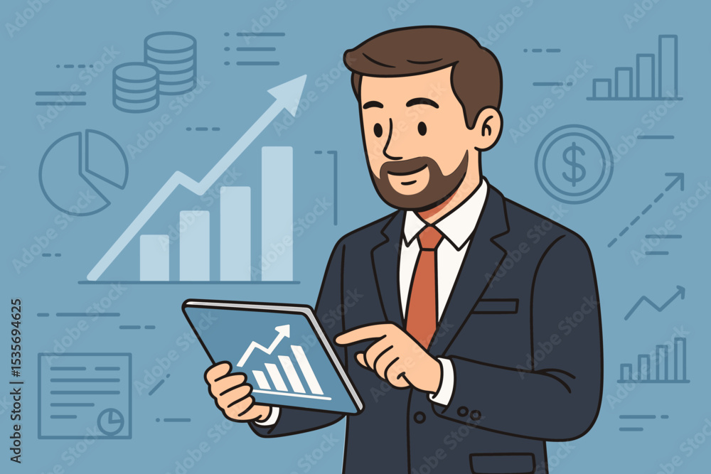 Businessman analyzing business growth on a tablet. Financial data analysis, investment strategy, and stock market success concept. Corporate report with graphs and charts. Vector. Businessman analyzing business growth on a tablet. Financial data analysis, investment strategy, and stock market success concept. Corporate report with graphs and charts. Vector.