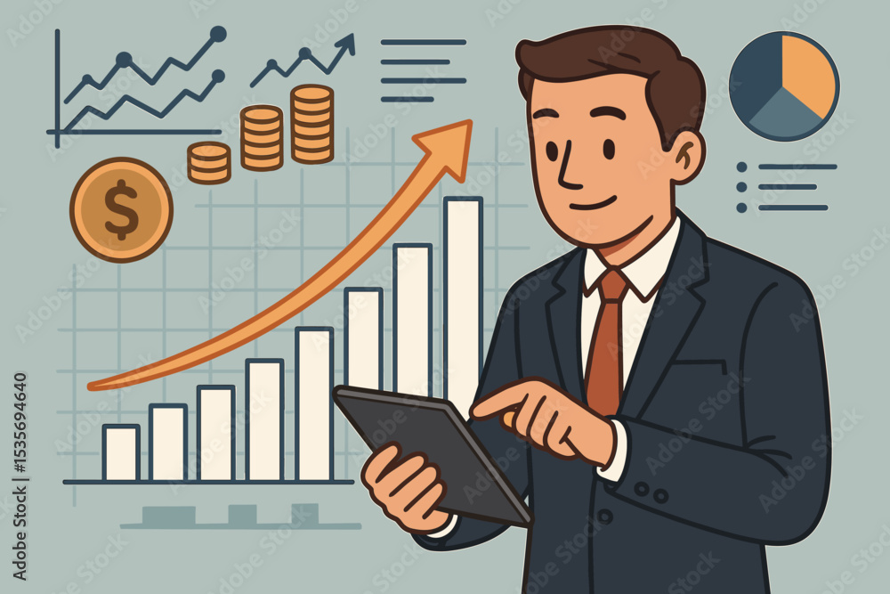Businessman analyzing financial data on a tablet. Concept of business growth, investment strategy, and market success. Corporate finance with charts, graphs, and profit indicators. Businessman analyzing financial data on a tablet. Concept of business growth, investment strategy, and market success. Corporate finance with charts, graphs, and profit indicators.