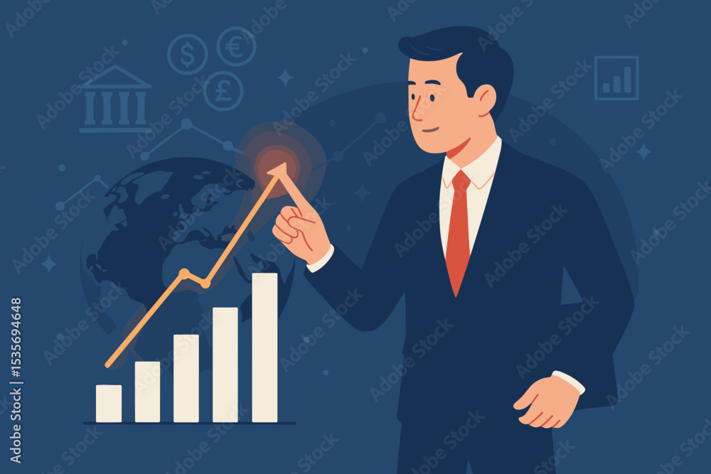 Investment growth concept with a businessman pointing at a rising arrow on a bar chart. Global economy, financial analysis, stock market success, banking, profit, and strategy. Investment growth concept with a businessman pointing at a rising arrow on a bar chart. Global economy, financial analysis, stock market success, banking, profit, and strategy.
