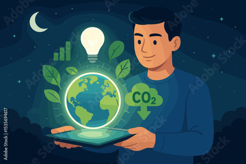 Sustainable energy vision with man holding tablet showing glowing Earth. CO2 reduction for climate action. Green technology idea, environmental care, and eco-friendly future vector.