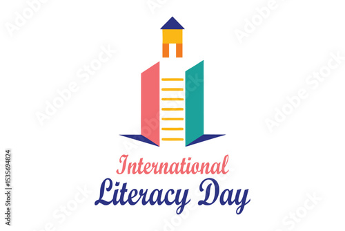 International Literacy Day Art – Pencil to Ladder Leading to Book Door, Symbol of Education.