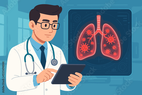 Doctor analyzing lungs with virus infection on a digital screen. Pulmonologist diagnosing respiratory disease like pneumonia or coronavirus. Healthcare and medical technology concept.