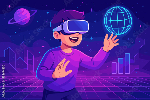 Virtual reality experience. Teenager with VR goggles exploring the metaverse. Futuristic cyberspace with neon lights, planets, and a globe. Gaming and technology concept illustration.