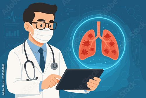 Doctor with mask analyzing human lungs infected with virus. Pulmonologist diagnosing respiratory disease, pneumonia or coronavirus on a digital tablet. Healthcare technology concept.