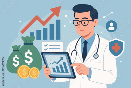 Healthcare finance concept. Doctor analyzing medical business data on a tablet for growth and profit. Health insurance cost, hospital management, and investment analytics vector.