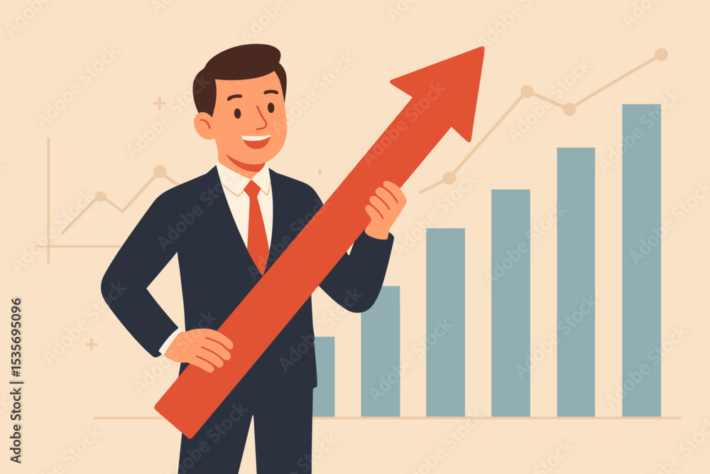 Business growth strategy. Businessman with arrow up. Financial success. Profit chart. Investment graph. Career achievement. Market progress. Corporate development. Economic boost. Business growth strategy. Businessman with arrow up. Financial success. Profit chart. Investment graph. Career achievement. Market progress. Corporate development. Economic boost.