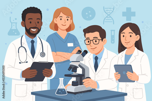 Diverse team of doctors and scientists collaborating in a medical laboratory. Healthcare professionals working on research with microscope and tablet. Medical innovation concept.