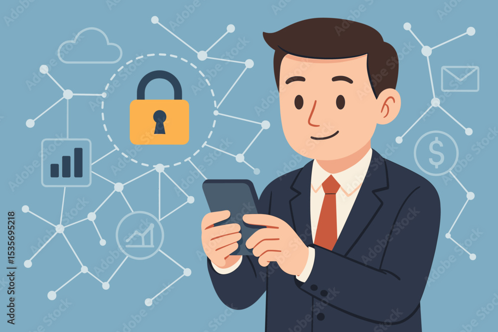 Businessman using smartphone for secure online transactions. Cybersecurity concept for mobile banking and data protection. Vector illustration of user privacy, network security, and fintech. Businessman using smartphone for secure online transactions. Cybersecurity concept for mobile banking and data protection. Vector illustration of user privacy, network security, and fintech.