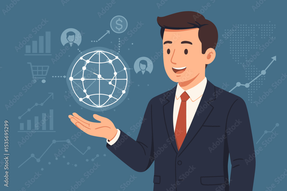 Businessman with global network technology. Concept for international business, e-commerce, and investment. Financial growth presentation with data analytics, charts, and infographics. Businessman with global network technology. Concept for international business, e-commerce, and investment. Financial growth presentation with data analytics, charts, and infographics.