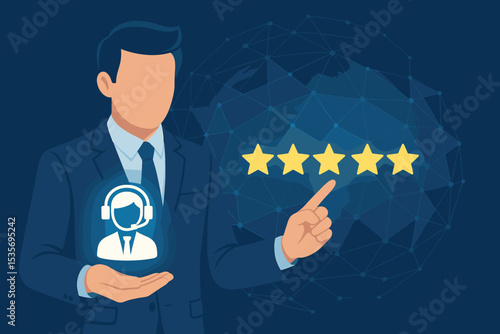 Customer service excellence concept. Businessman hand giving five star rating. Client satisfaction, positive feedback, and quality review. Call center, helpdesk, support agent icon.