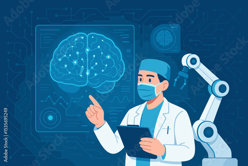 Futuristic medical concept with a doctor analyzing a human brain scan on a digital interface. Artificial intelligence, robotics, and neuroscience for advanced healthcare diagnosis.