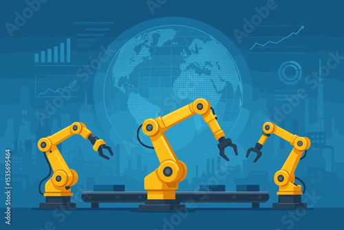 Industrial automation with robot arms on conveyor belt. Smart factory, Industry 4.0 concept. Global manufacturing background with AI, data analytics graphs, and world map.